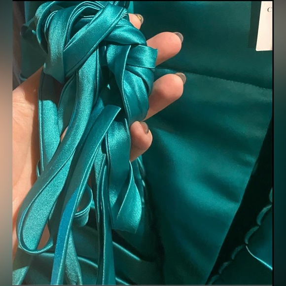 Beautifully Modest teal satin lace-up gown - Picture 4 of 8
